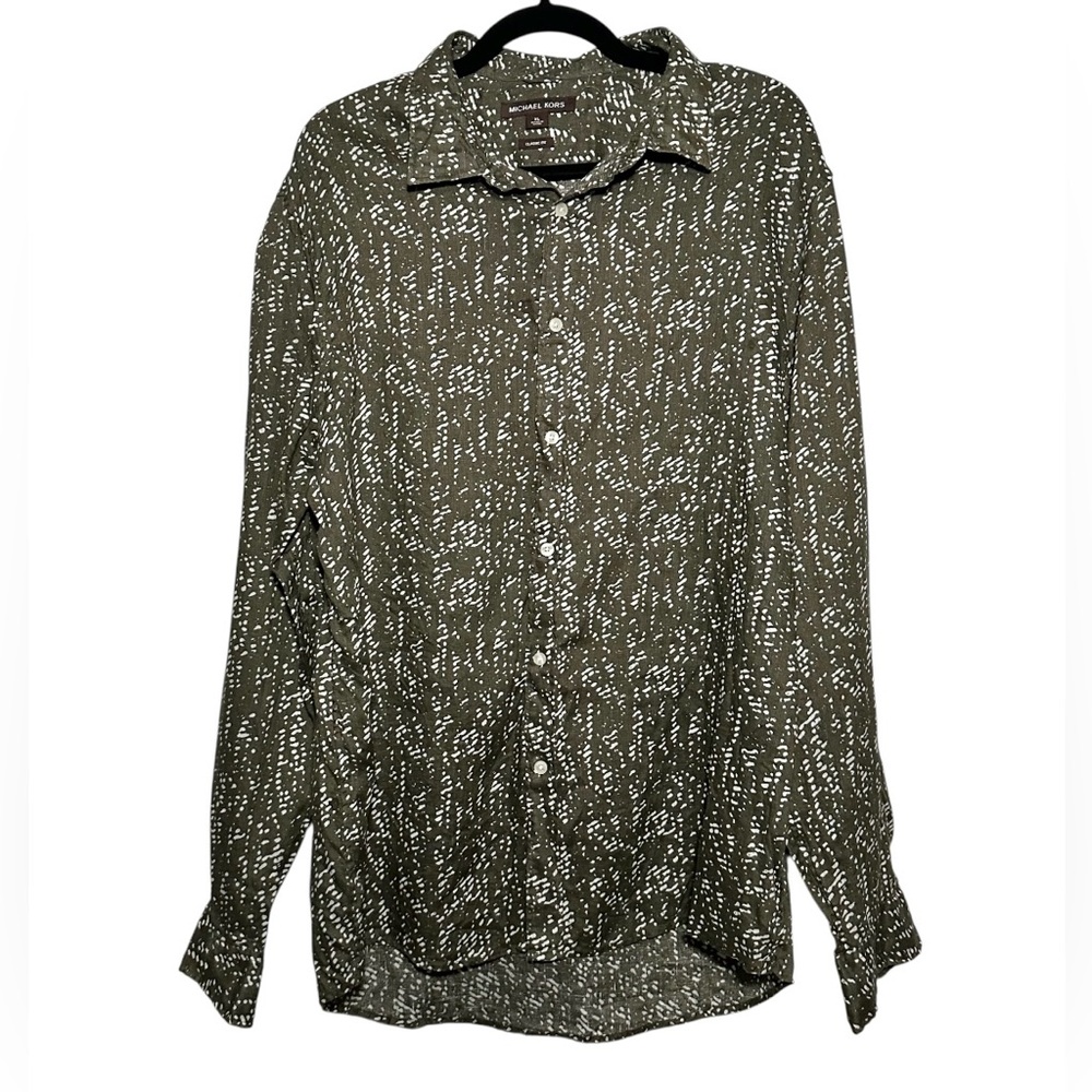 Michael Kors Men's Olive Green Patterned 100% Linen Classic Fit Shirt- Size XL